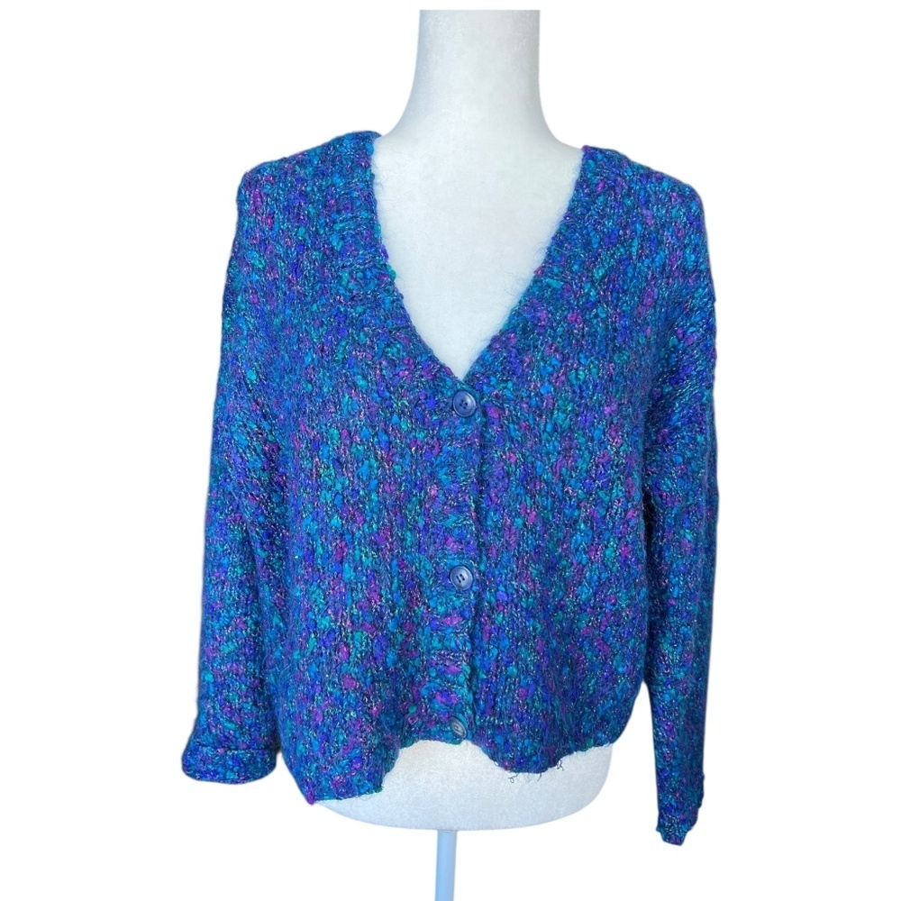 Vintage Mohair-Blend Knit Cardigan 90's Blue, Purple, Green